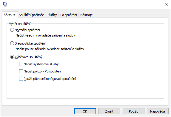 msconfig, karta Obecné s vybranou volbou Výběrové spuštění a odškrtnutými položkami systémových služeb a položek po spuštění