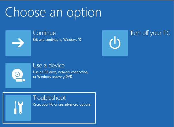 Modrá obrazovka Choose an option s vyznačenou dlaždicí Troubleshoot