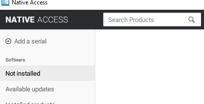 Boční nabídka Native Access s vybranou položkou Not installed