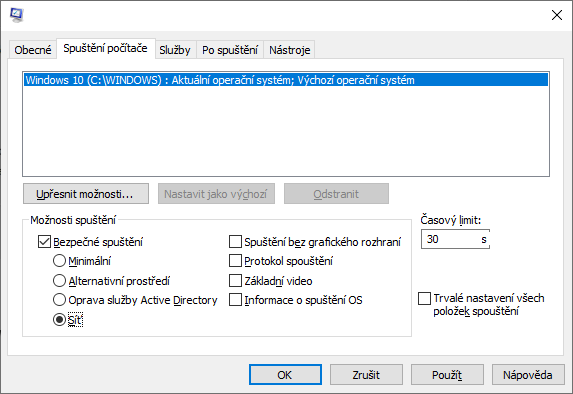 msconfig, karta Spuštění počítače se zaškrtnutým Bezpečné spuštění a vybranou volbou Síť