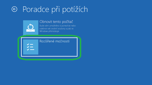 Obrazovka Poradce při potížích se zvýrazněnou volbou Rozšířené možnosti