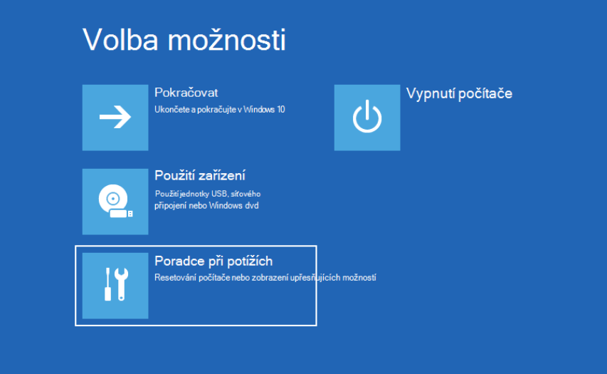 Modrá obrazovka Volba možnosti po restartu s vyznačenou dlaždicí Poradce při potížích