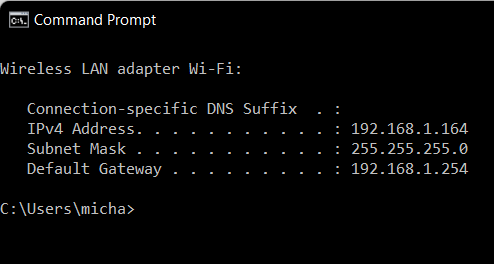 Výpis ipconfig pro bezdrátový adaptér — IPv4 adresa, maska podsítě a výchozí brána