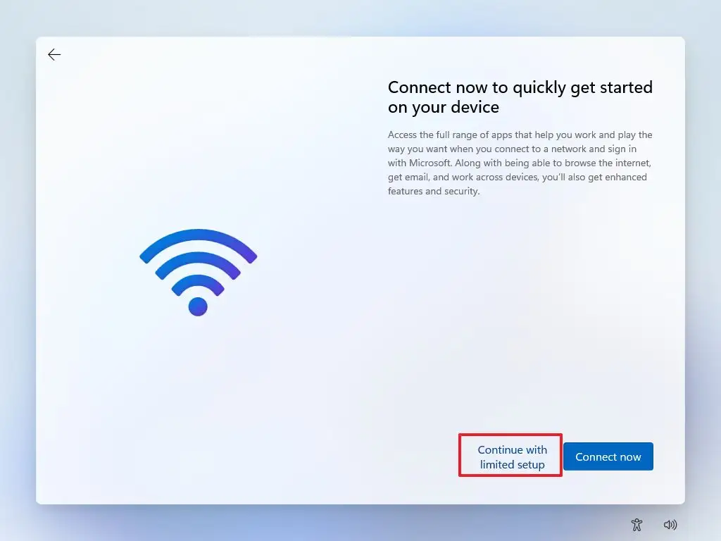 Obrazovka „Connect now to quickly get started" s vyznačenou volbou Continue with limited setup