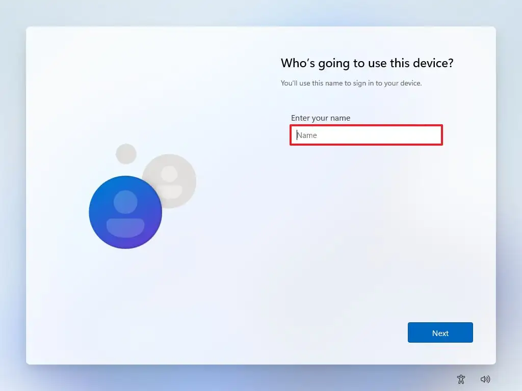 Obrazovka „Who's going to use this device?" s vyznačeným polem pro jméno místního účtu