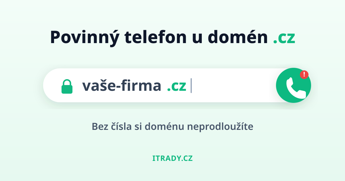 Adresní řádek s doménou vaše-firma.cz a telefonní odznak — u domén .cz je nově povinné telefonní číslo