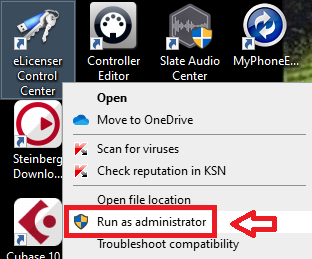 Kontextová nabídka u ikony eLicenser Control Center s červenou šipkou na volbě Run as administrator