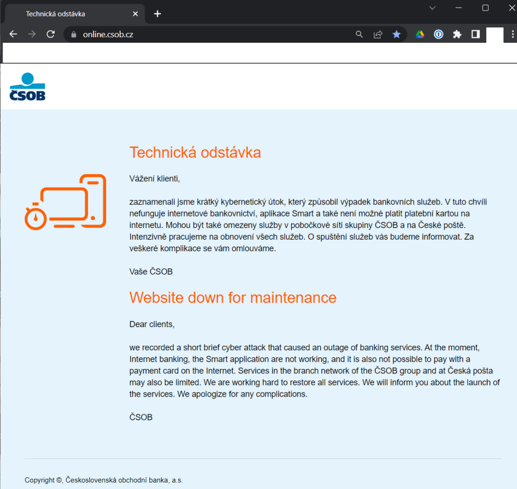 Stránka online.csob.cz s hlášením Technická odstávka — banka oznamuje krátký kybernetický útok, výpadek internetového bankovnictví, aplikace Smart i plateb kartou na internetu