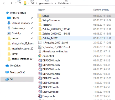 Obsah síťové složky DataVario — složky se zálohami a databázové soubory .mdb