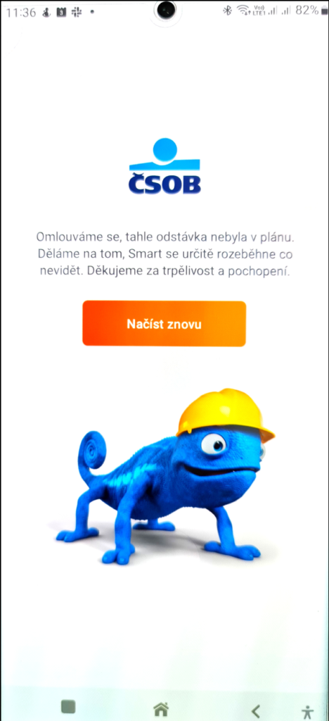 Mobilní aplikace ČSOB Smart s omluvou za neplánovanou odstávku a tlačítkem Načíst znovu