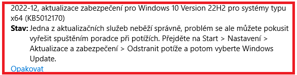 Chybová hláška Windows Update: jedna z aktualizačních služeb neběží správně, s doporučením spustit poradce při potížích
