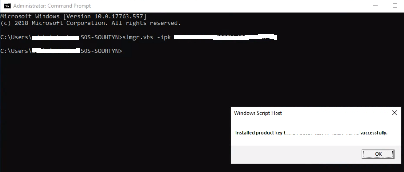 Příkazový řádek správce s příkazem slmgr.vbs -ipk a hláškou Windows Script Host, že klíč byl úspěšně nainstalován