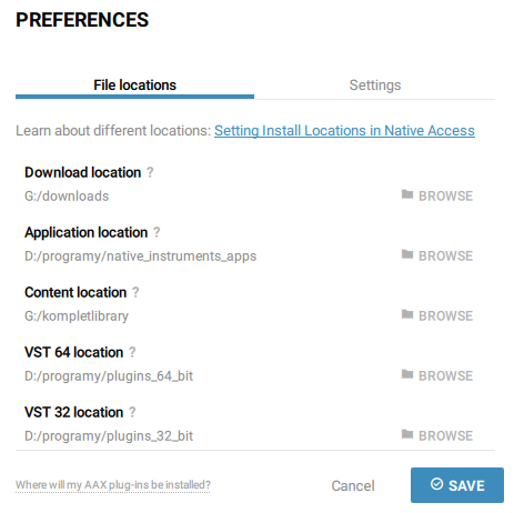 Preferences v Native Access, karta File locations s nastavenými cestami pro Download, Application, Content a VST 64/32 location
