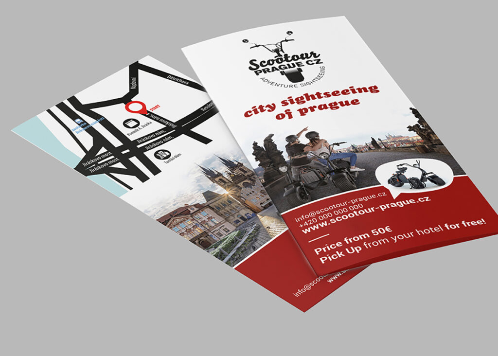 Skládaný leták Scootour Prague — city sightseeing of Prague, fotka jezdců na elektrických skútrech na Karlově mostě a mapka s vyznačeným startem