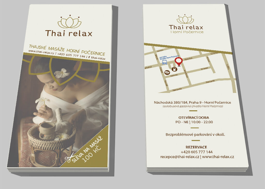 Oboustranný leták Thai relax — thajské masáže Horní Počernice, na rubu mapka, otevírací doba a kontakt
