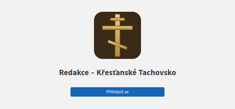 Úvodní obrazovka redakce webu s logem a tlačítkem Přihlásit se přes Gitea / Forgejo