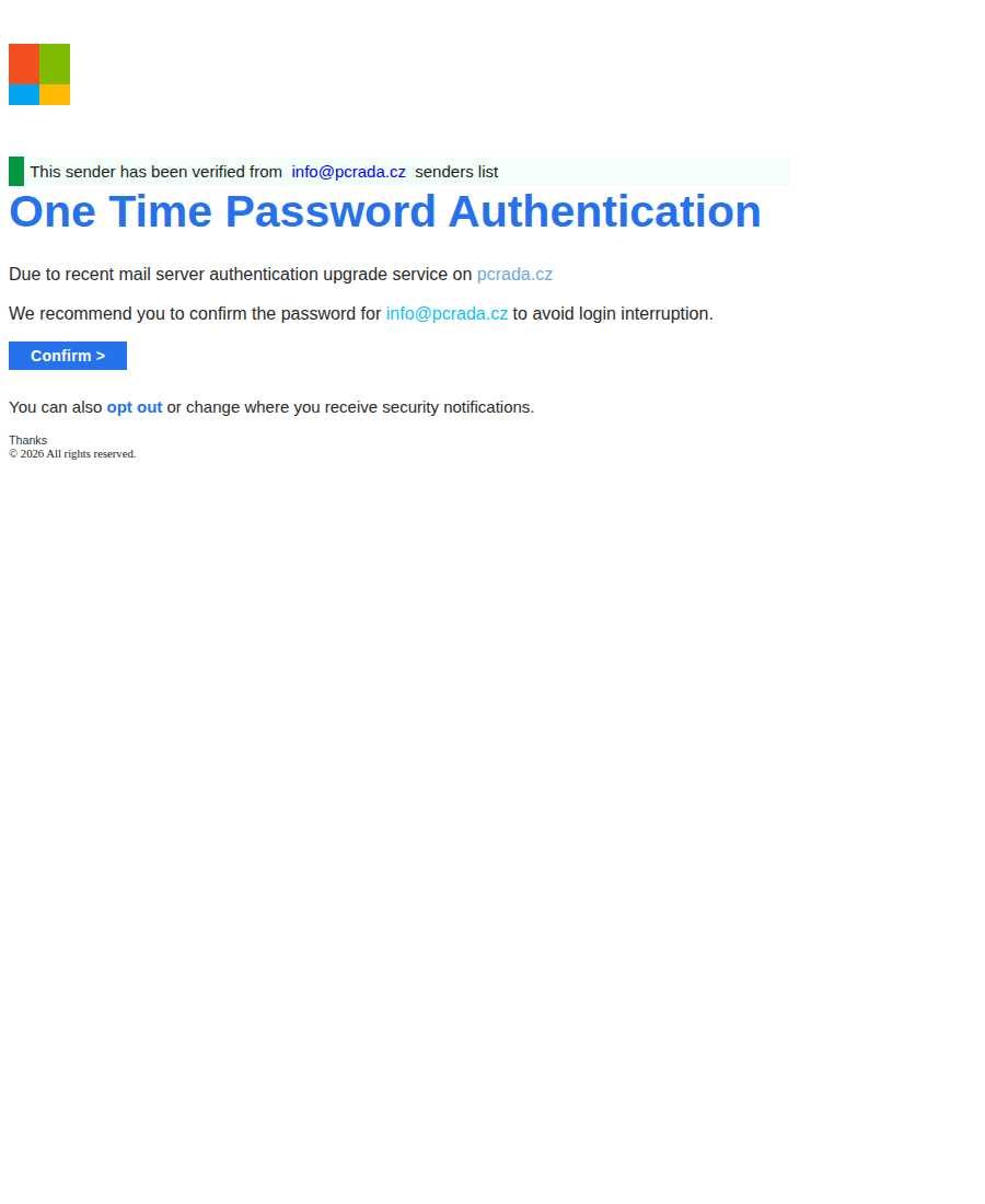Tělo podvodné zprávy: nakřivo složené barevné logo napodobující Microsoft, zelený proužek s textem This sender has been verified, nadpis One Time Password Authentication a modré tlačítko Confirm