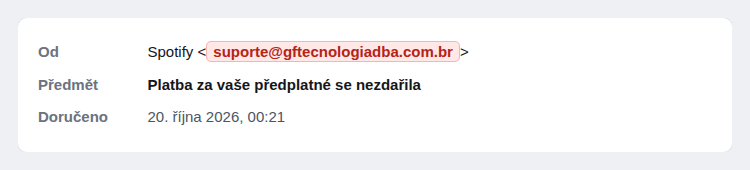 Výstřižek hlavičky zprávy: odesílatel se jmenuje Spotify, skutečná adresa je suporte@gftecnologiadba.com.br; předmět Platba za vaše předplatné se nezdařila, doručeno 20. října 2026 v 00:21